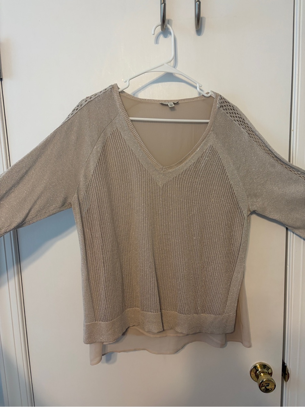 Lucky Brand Metallic Light Taupe V-Neck Layered Knit Top